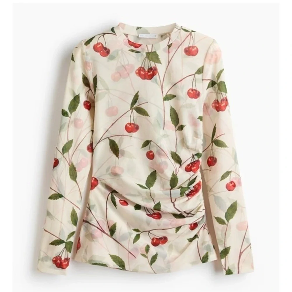 Stella McCartney x H&M Cherry Print Ruched Mesh Long Sleeve Top Cream Red | L - Picture 4 of 5